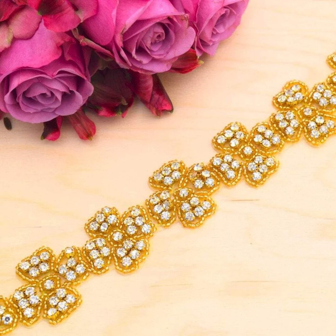 2 Yards Emmaline’s Four Petal Flower Rhinestone Trim with Iron On Backing Gold 1.5 inch Wide